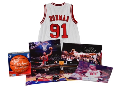 Dennis Rodman Lot of (5) Signed 16x20 Photos, (1) Jersey and (1) Basketball